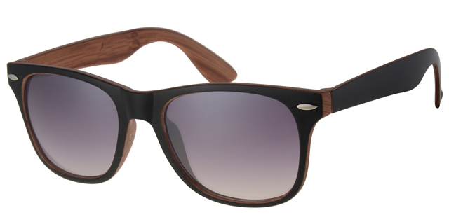 Solbrille sort med træ look backing wayfarer model med sølv dekoration og gradurerede sorte glas