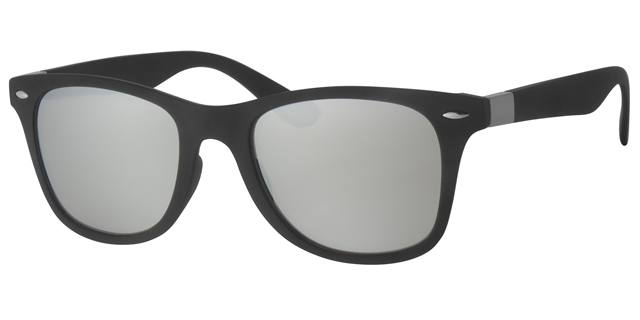 Sort Gummi unisex brille med sølv dekoration og  røgfarvet sølv spejl effekt glas