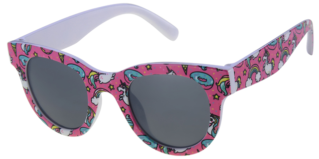 Børne Solbrille lilla printet stel med hvid backing med sorte glas